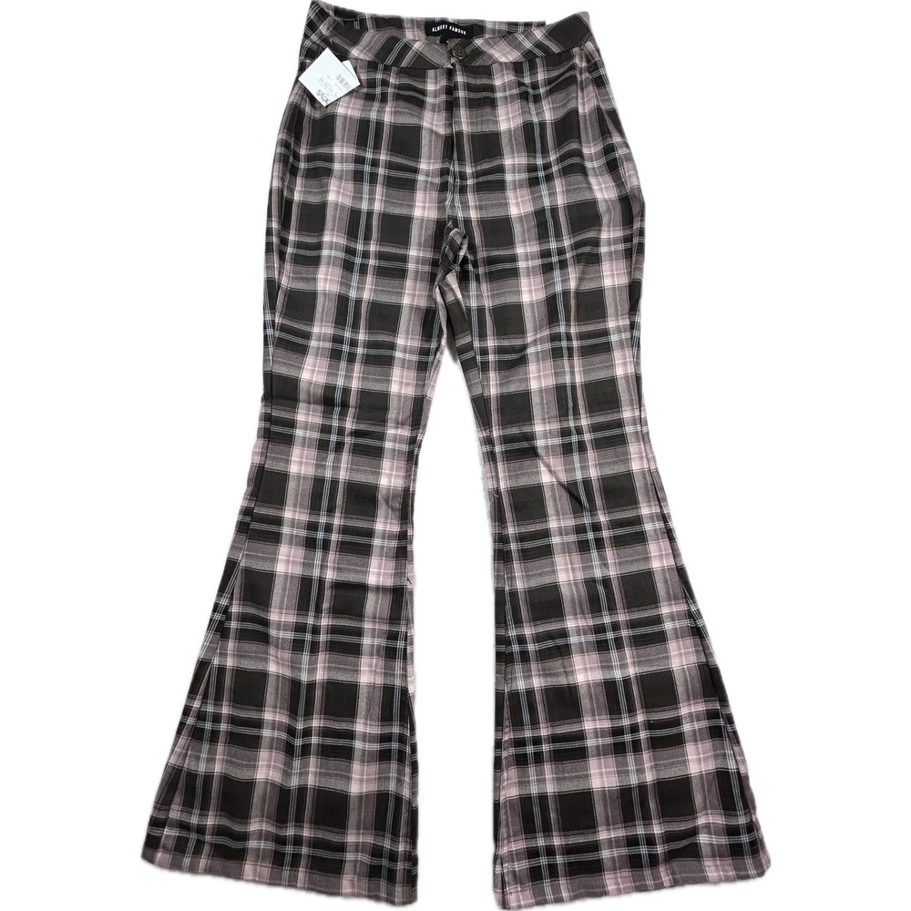 Almost Famous Womens 90s Flare Plaid Pants Pink Black Wide Leg Size 7 NWT